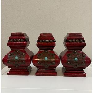 Vtg Silvestri Wood Red Crackle Paint Nail Head Turquoise Taper Candle Holders